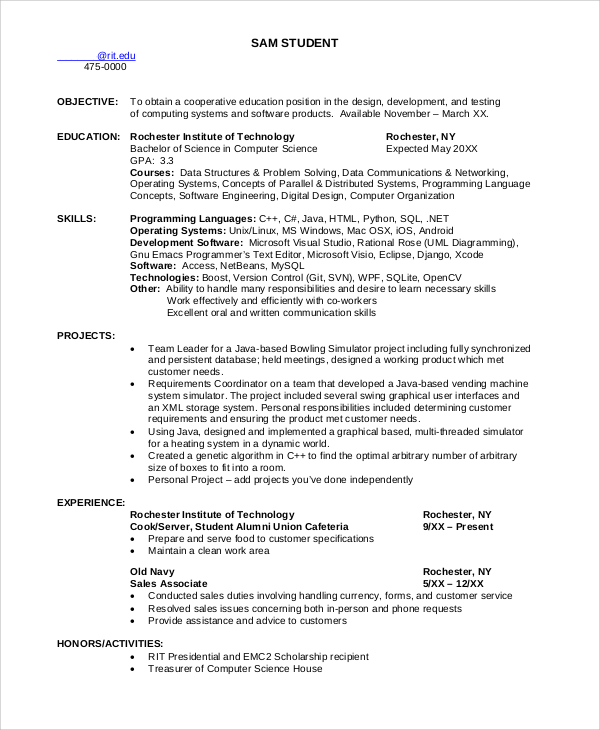 computer science student resume
