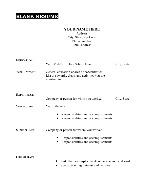 blank resume sample