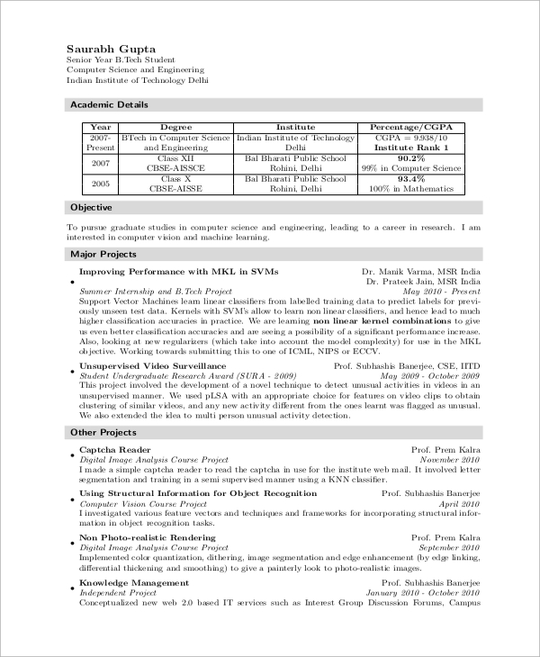 computer science resume for fresher