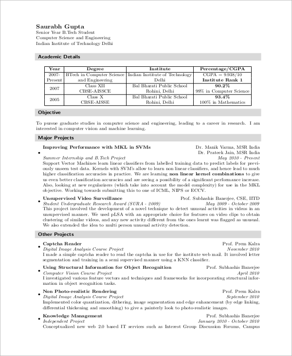 resume sample for freshers computer science engineers