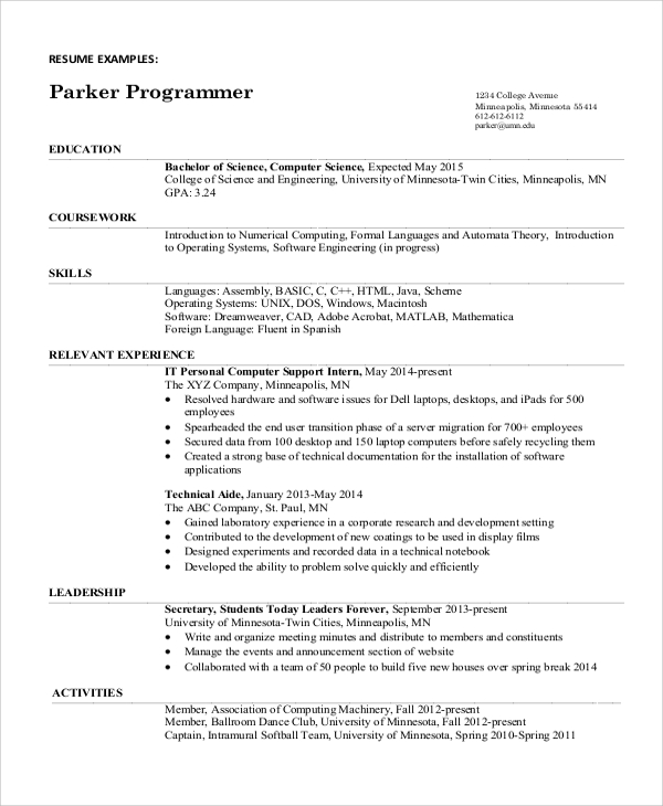 undergraduate computer science resume