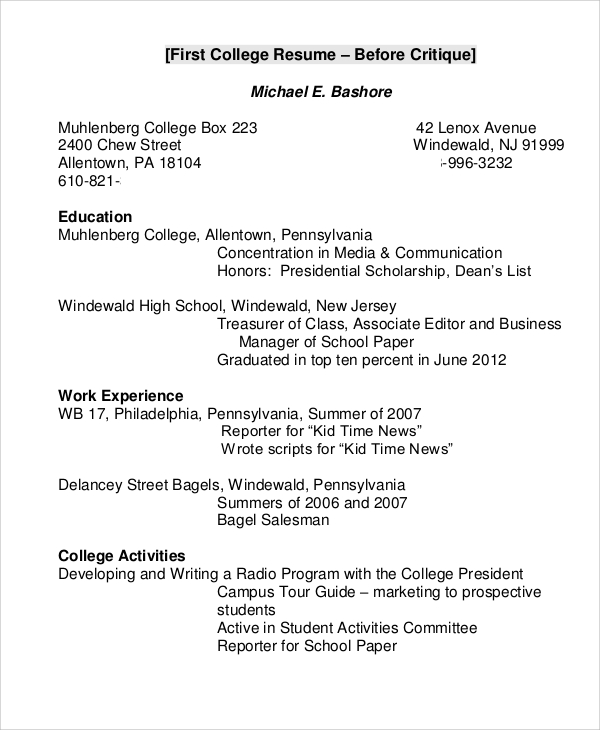 Free 8 College Resume Samples In Ms Word Pdf