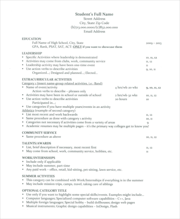 college admission resume example