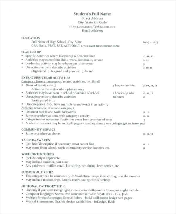 resume sample for college admission