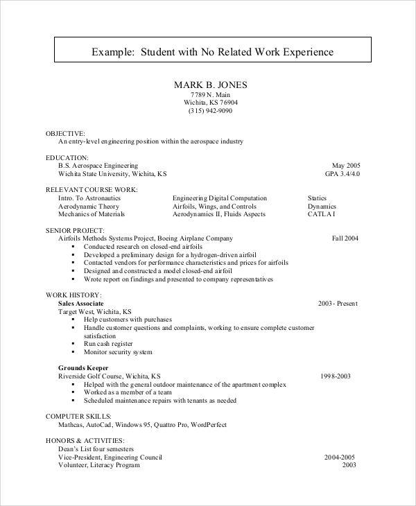 resume example for college students with no work experience