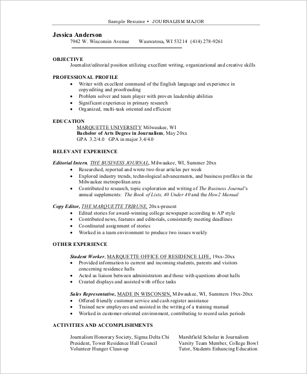college resume example for journalism