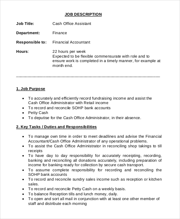 cash office assistant job description
