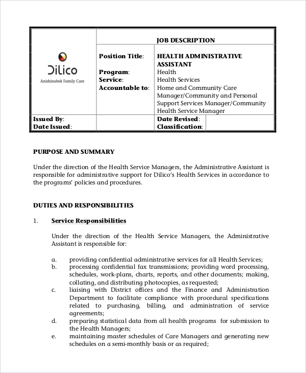 health administrative office assistant job description