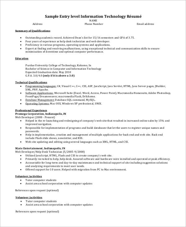 FREE 9 Sample Entry Level Resume Templates In MS Word