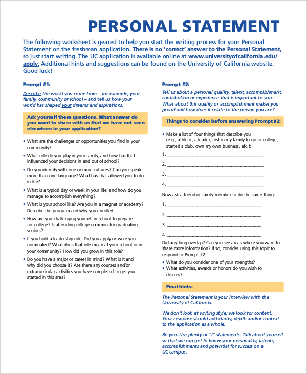 Free 13 Sample Personal Statement Templates In Pdf Ms Word 6208