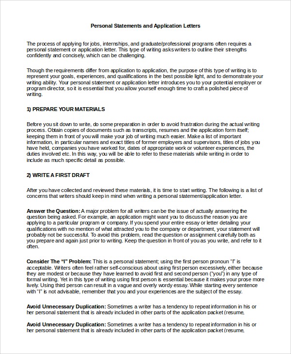 personal statements and application letter format