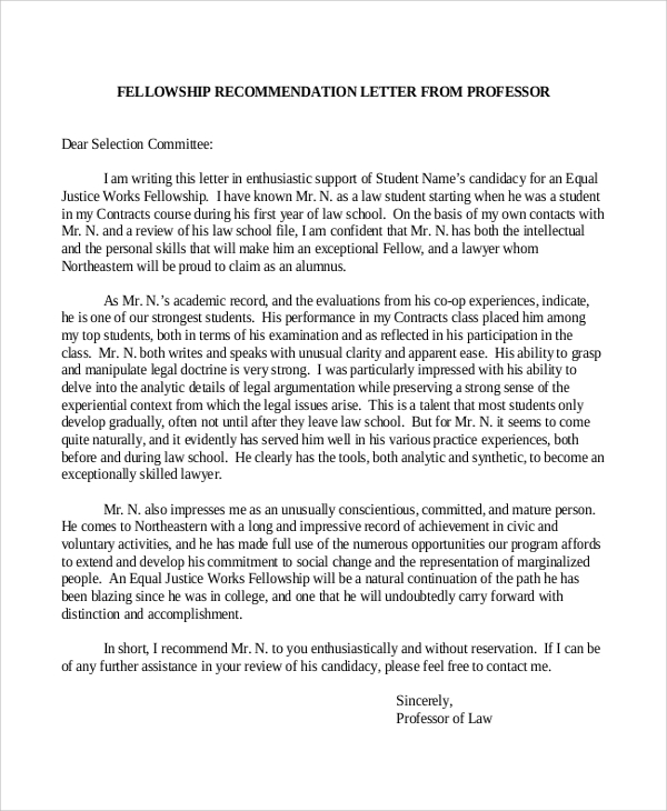 fellowship recommendation letter sample