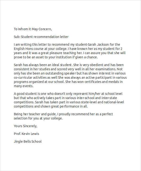 recommendation letter sample for student