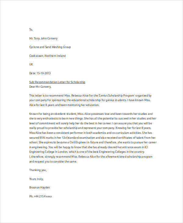 sample recommendation letter for scholarship