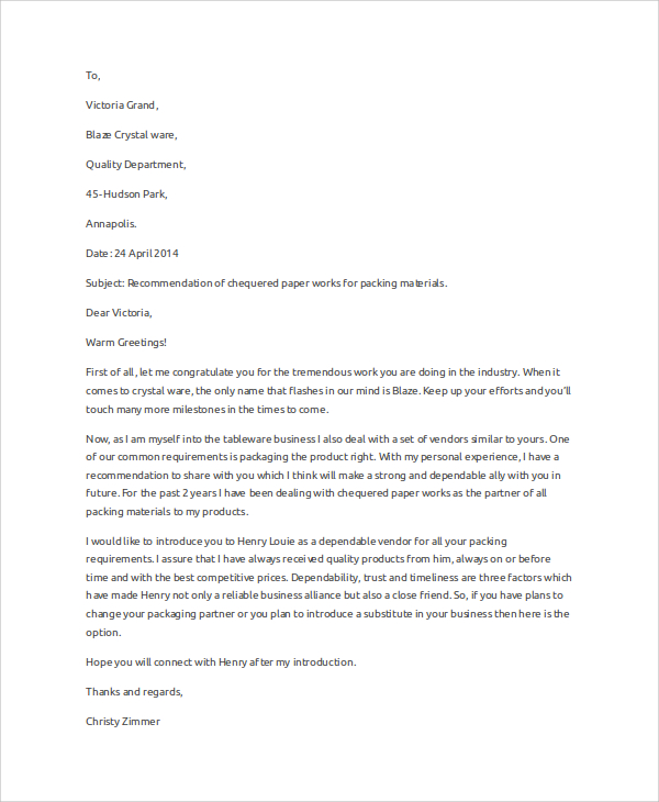 sample business recommendation letter