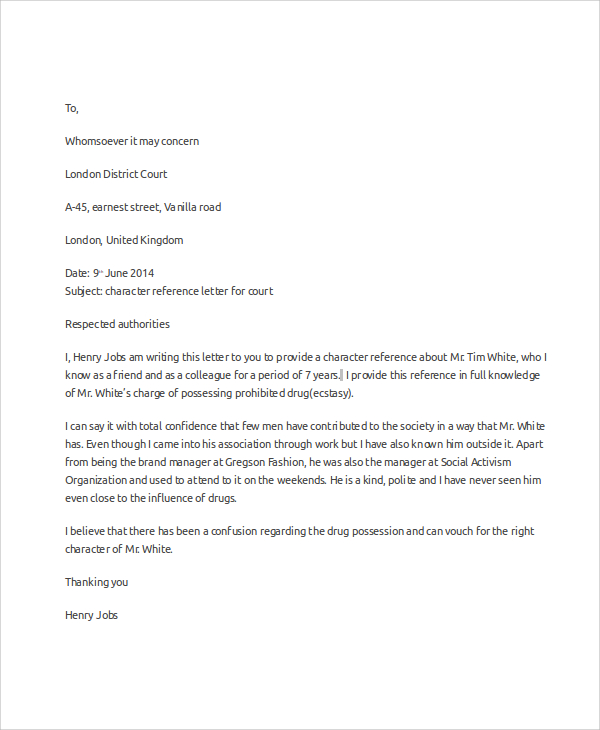 character reference letter for court