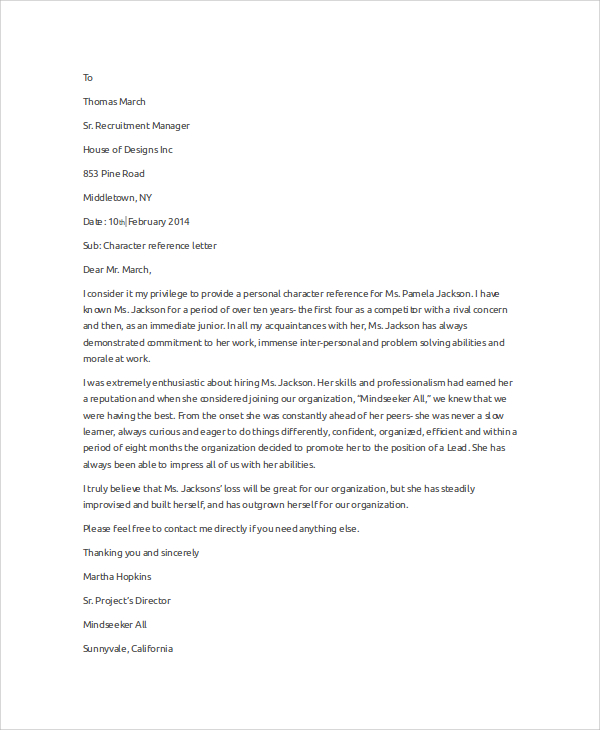 Standard Character Reference Letter