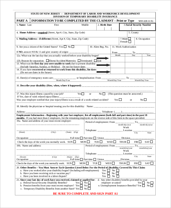 social security application sample disability in PDF Disability 8 Examples   Sample Form