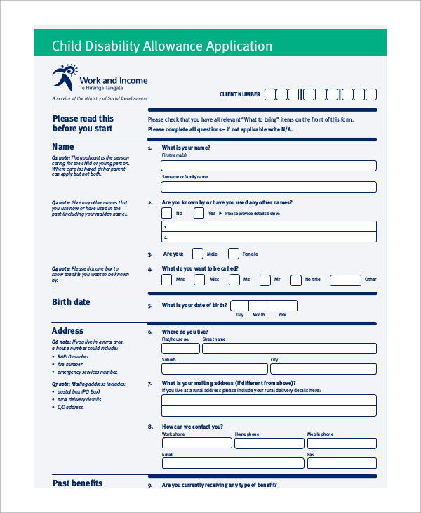 disability allowance application form