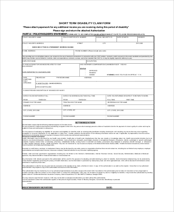 short term disability claim form