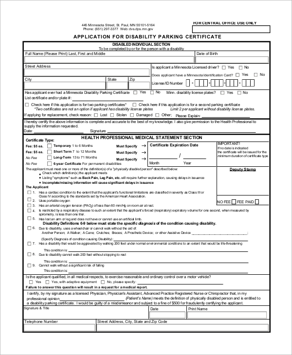 disability certificate application form