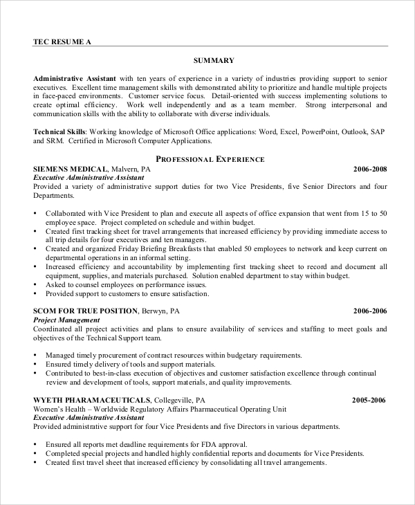 sample administrative assistant resume