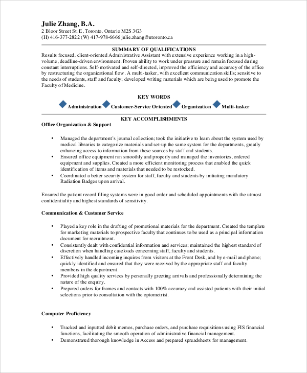 FREE 9+ Sample Administrative Assistant Resume Templates ...