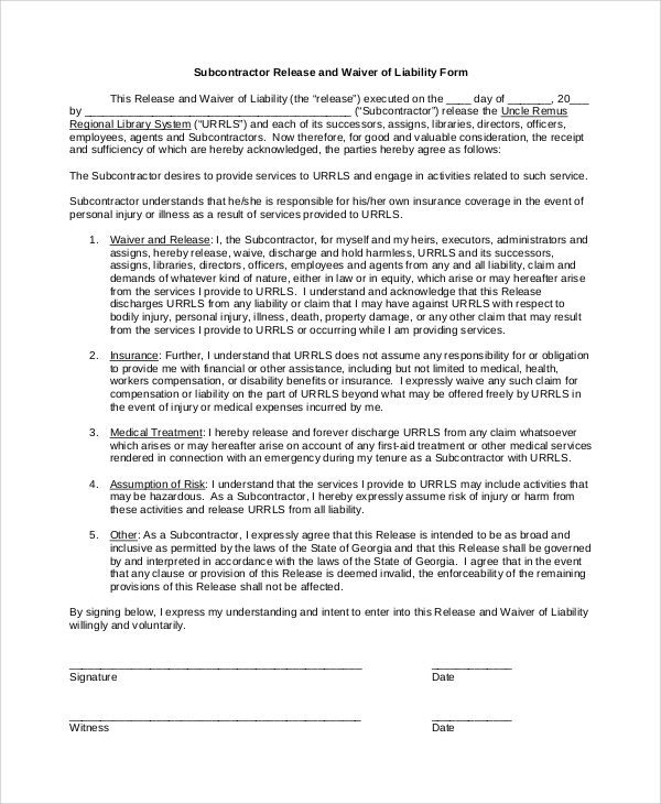 subcontractor waiver of liability form