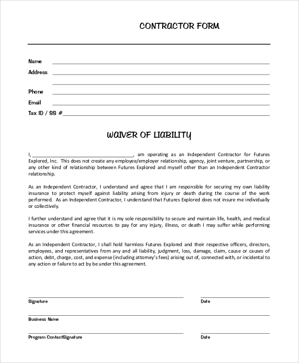 contractor liability waiver