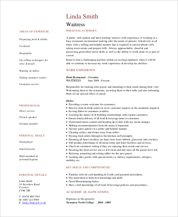 how to write a resume as a waitress