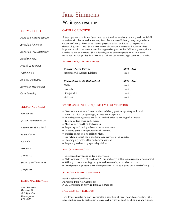 FREE 6+ Sample Waitress Resume Templates in PDF MS Word