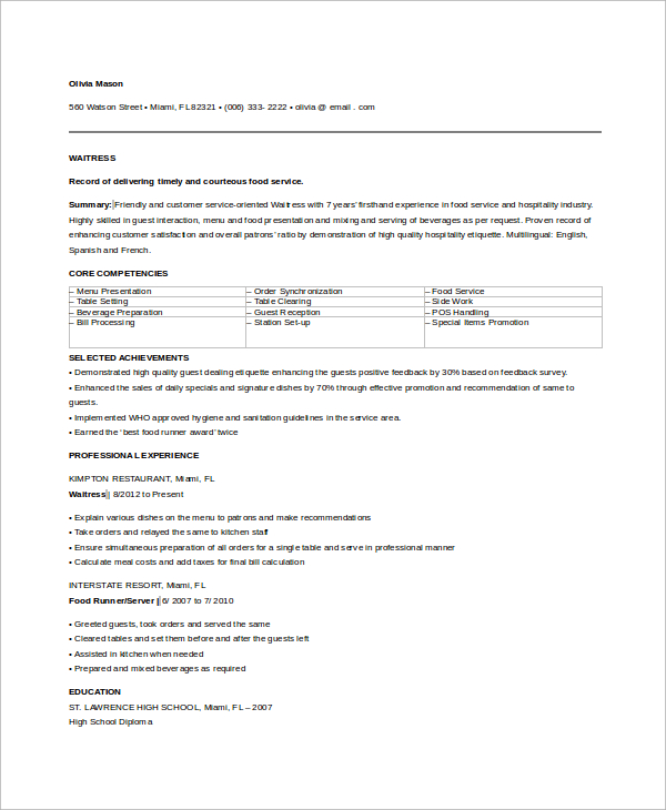 6+ Sample Waitress Resumes – PDF, Word  Sample Templates