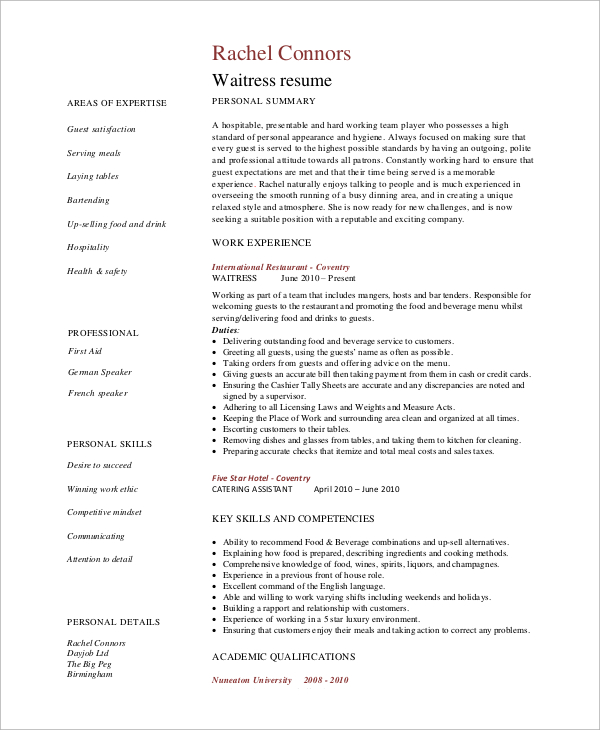 6+ Sample Waitress Resumes – PDF, Word  Sample Templates