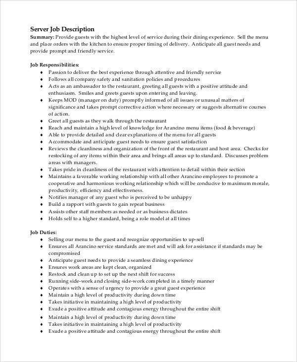 server job description for resume