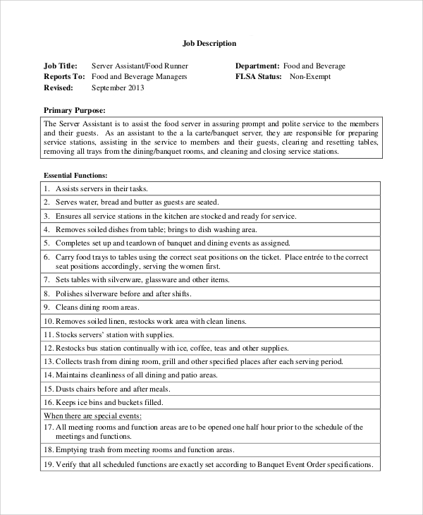 FREE 10+ Sample Server Job Descriptions in PDF