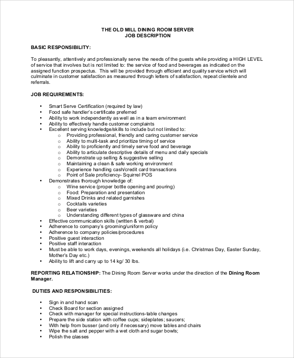 FREE 10 Sample Server Job Descriptions In PDF