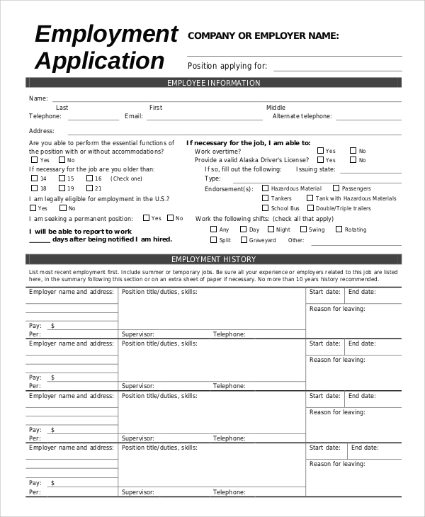 FREE 9+ Sample Employment Application Templates in MS Word PDF