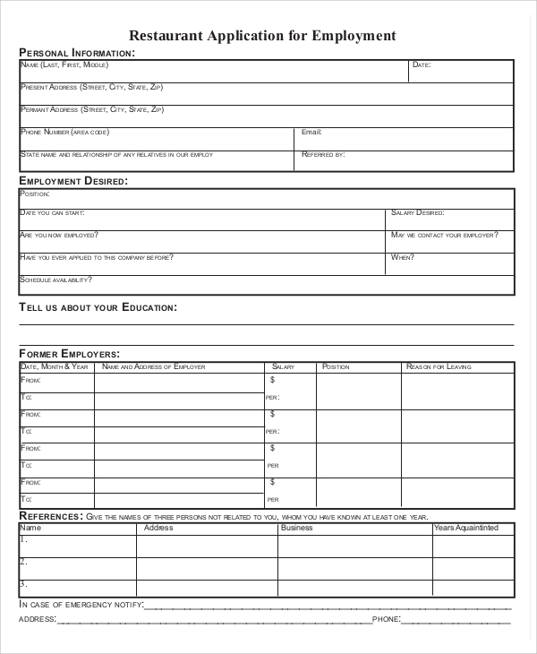 restaurant job application template