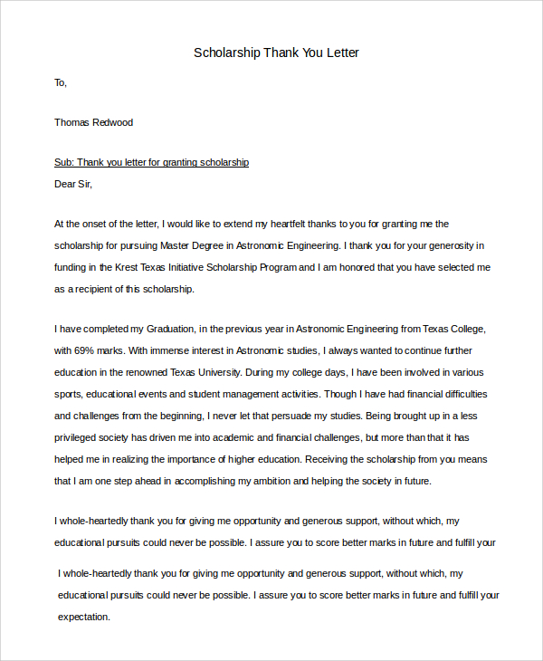 scholarship thank you letter example1