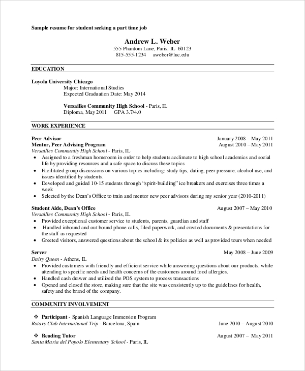 job resume example for college students