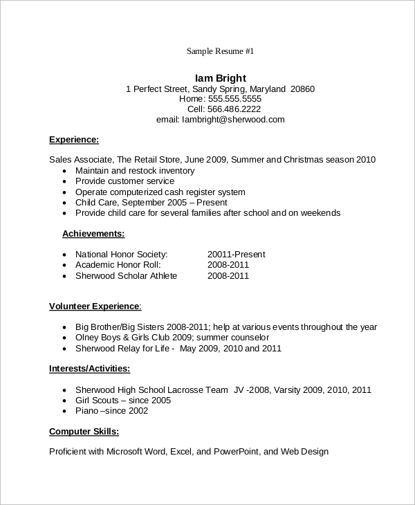 high school student resume example