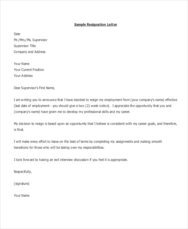 Free Resignation Letter Template Google Docs