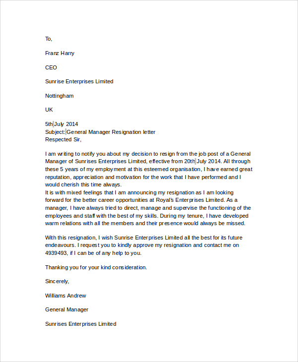 general manager resignation letter