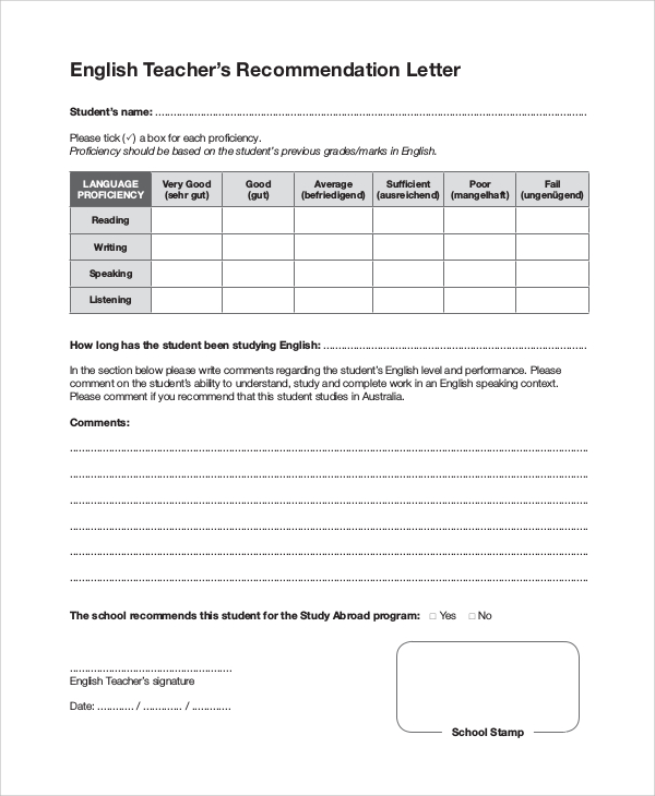 english teacher recommendation letter format