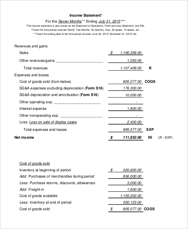 sample retail income statement