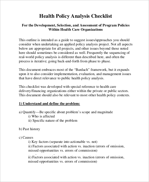 Health Policy Analysis Paper Sample Cite This Essay