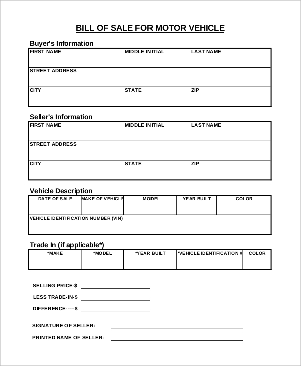 Simple Vehicle Bill Of Sale Form Onehor
