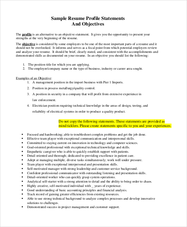 sample resume profile statements objective