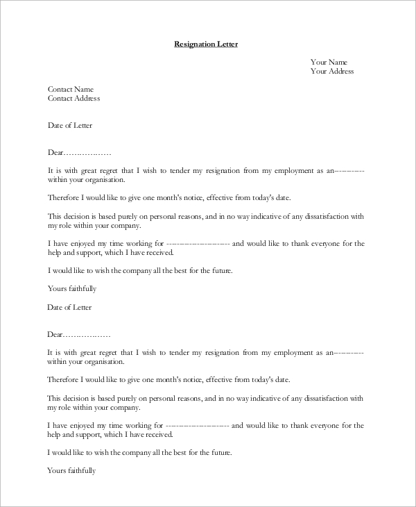 FREE 6+ Example of Resignation Letter Templates in MS Word ...