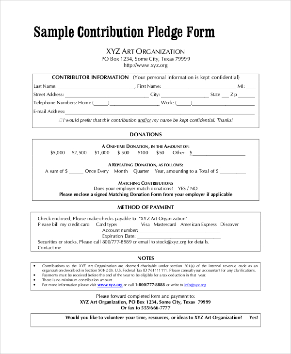 sample contribution pledge form